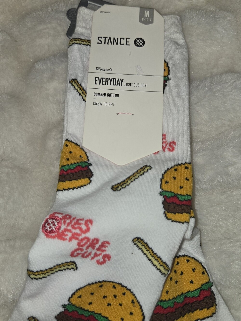 NWT Stance White Crew Socks FRIES BEFORE GUYS Burger & Fry [Medium] Fun Gift